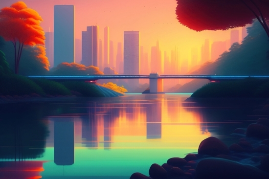 Ai Art From Text, Ai Image Generator Anime, Sun, Sunset, Sky, Water