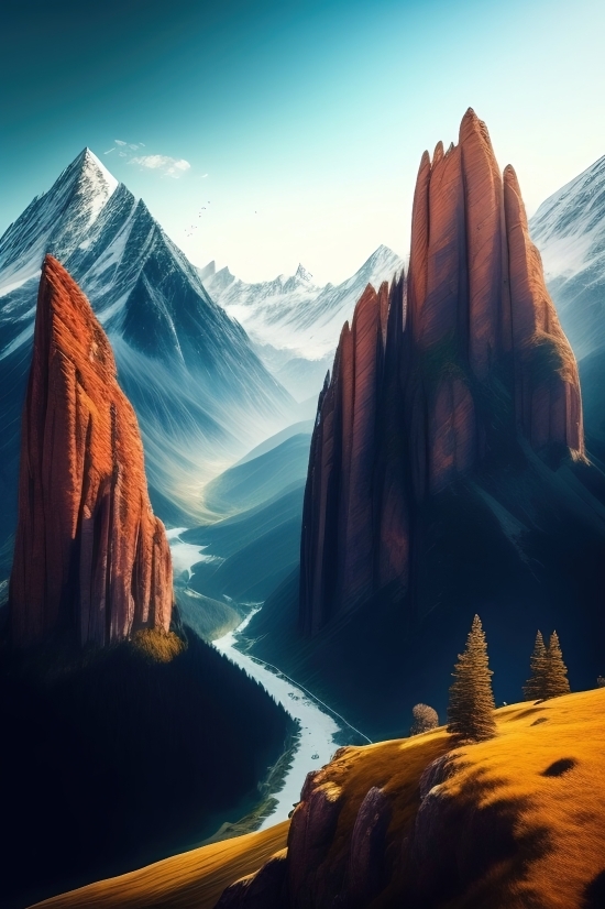 Ai Copyright Free Images, Drawing To Picture Ai, Landscape, Mountain, Canyon, Sky