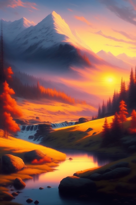 Ai Free Drawing Generator, Sun, Sunset, Sky, Mountain, Landscape