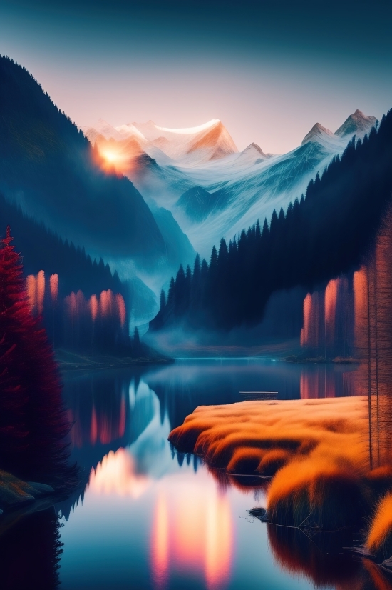 Ai Generator Painting, Ai Free Photo, Lake, Landscape, Reflection, Sky