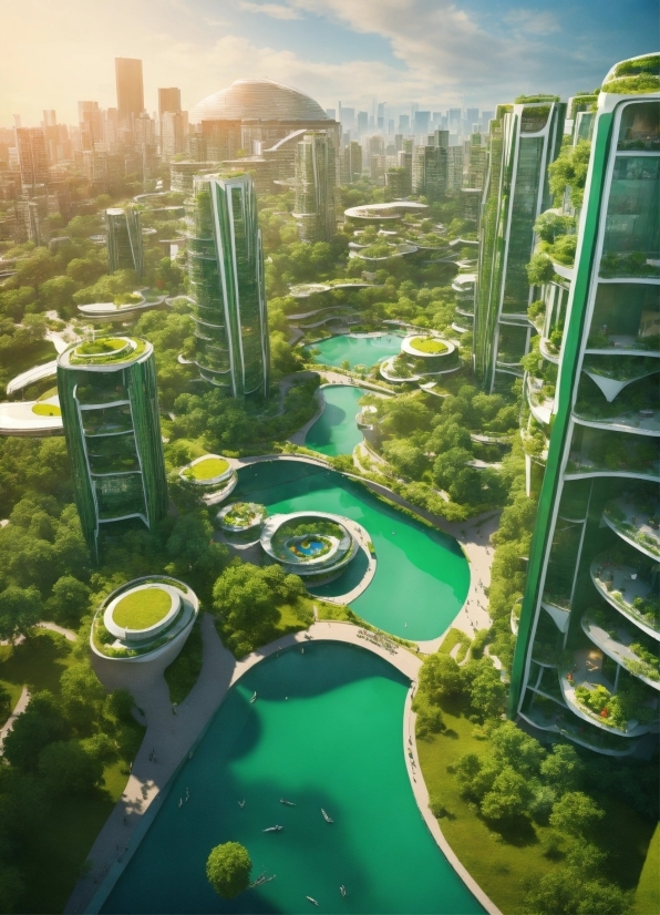 Building, Skyscraper, Daytime, Water, Green, Nature