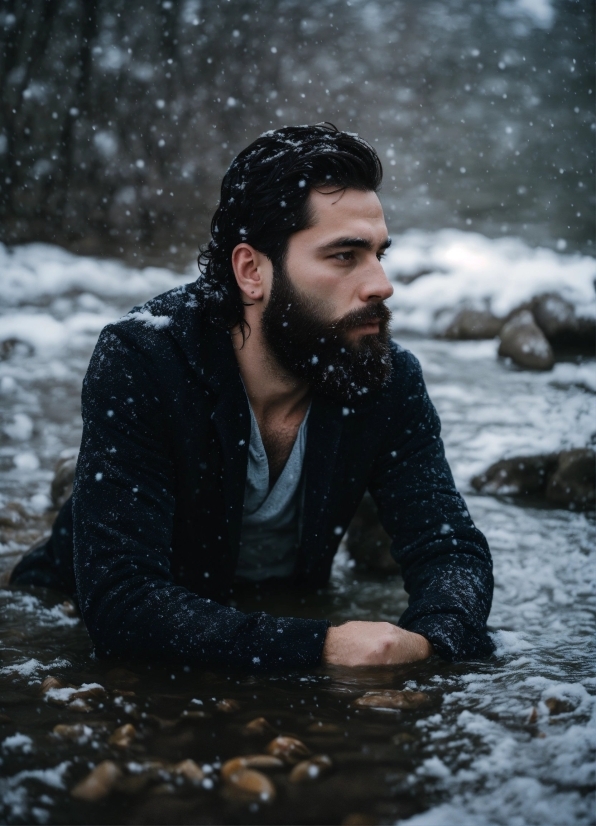 Ai Generator Prompt, Water, Beard, Snow, Human, Flash Photography