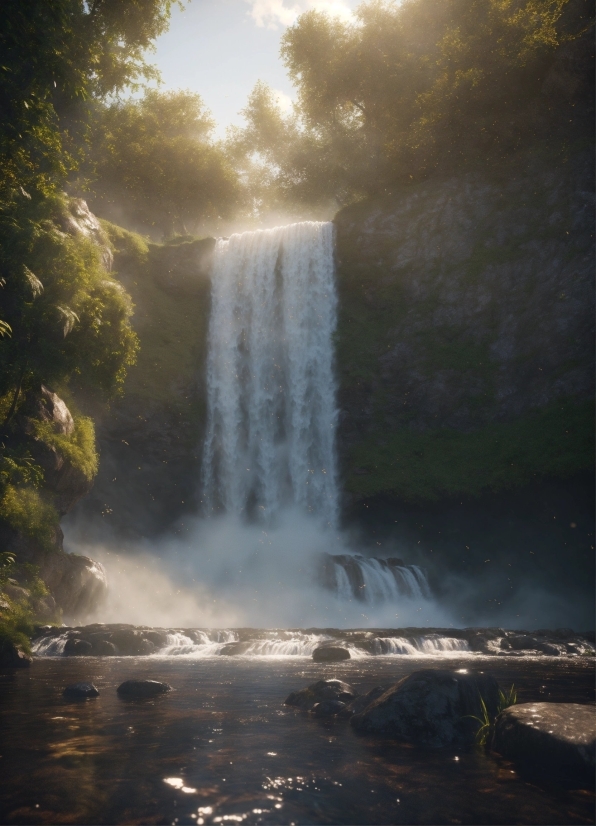 Anime Photo Ai, Water, Sky, Natural Landscape, Waterfall, Cloud