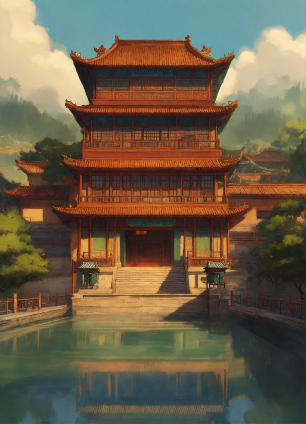 Mixkit Background, Water, Cloud, Building, Sky, Chinese Architecture