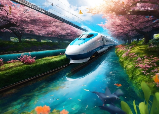 Train, Plant, Water, Sky, Flower, Cloud