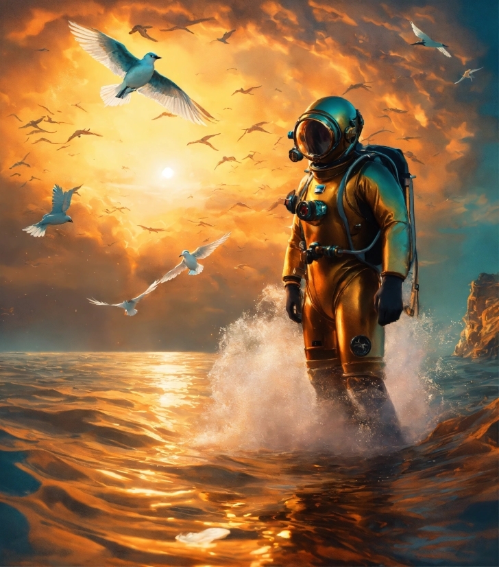 Water, Bird, Cloud, Sky, Helmet, Cg Artwork