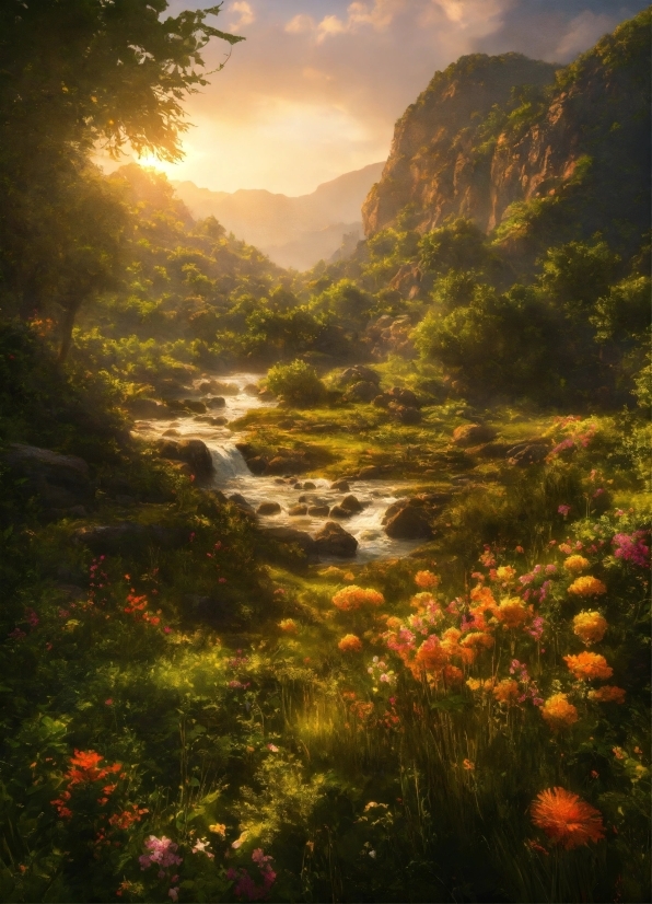 Water, Flower, Cloud, Plant, Mountain, Sky