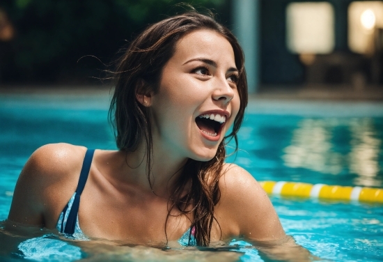 Water, Smile, Hairstyle, Muscle, Swimming Pool, Blue