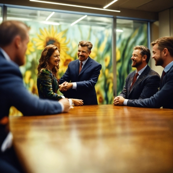 Canva, Smile, Coat, Table, Gesture, Suit