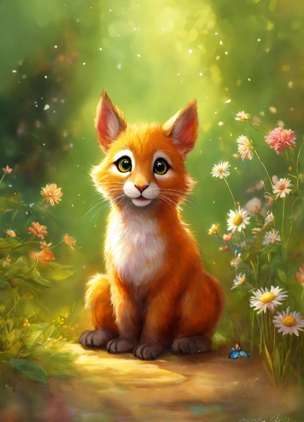 Cat, Flower, Plant, Felidae, Carnivore, Painting