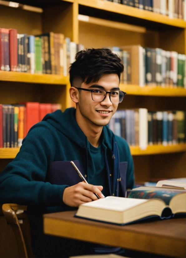 Change Face In Photo Online, Glasses, Smile, Bookcase, Furniture, Shelf