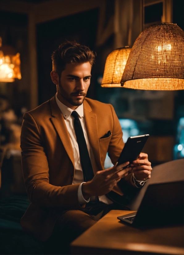 Edit Raw Photos, Human, Lighting, Tie, Facial Hair, Lamp