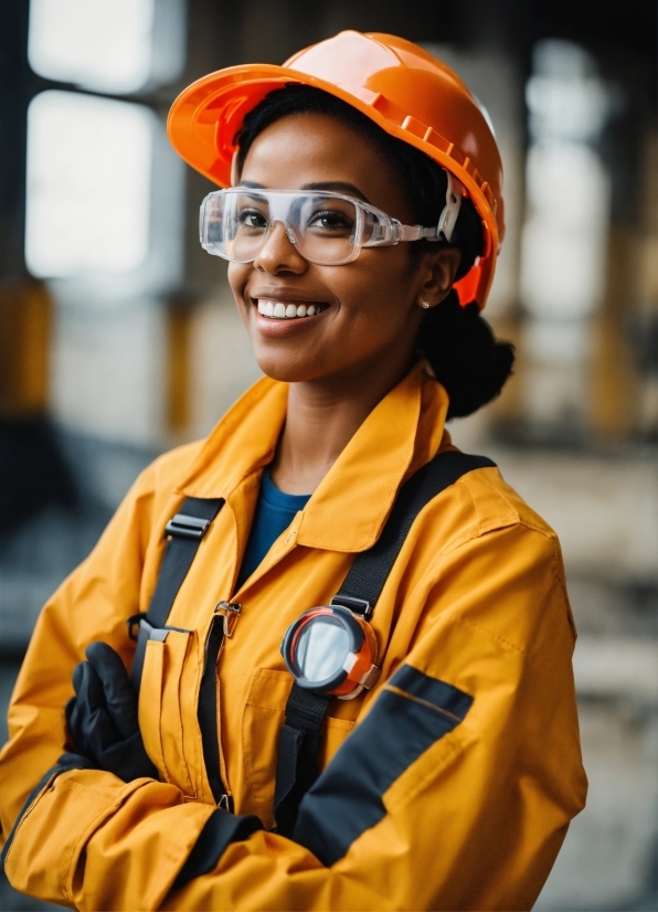 Face, Smile, Workwear, Orange, Gesture, Headgear