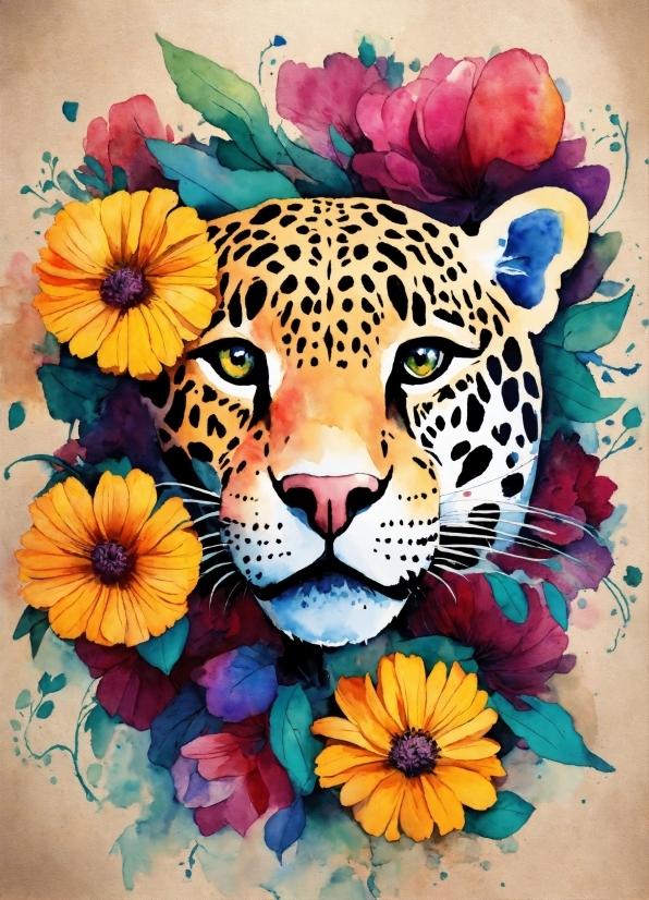 Flower, Plant, Carnivore, Felidae, Art, Leopard