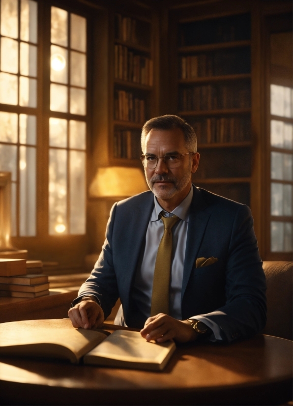 Glasses, Table, Tie, Window, Shelf, Suit