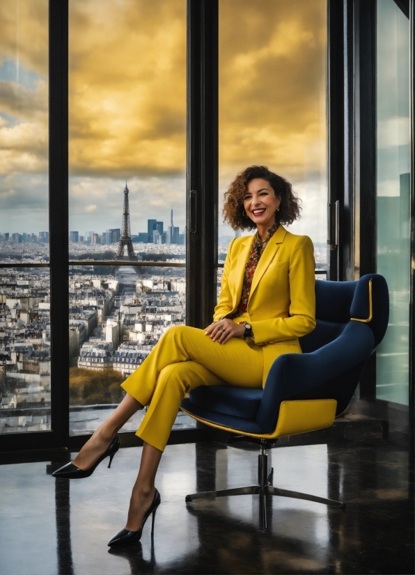 Hair, Smile, Hairstyle, Shoe, Furniture, Leg