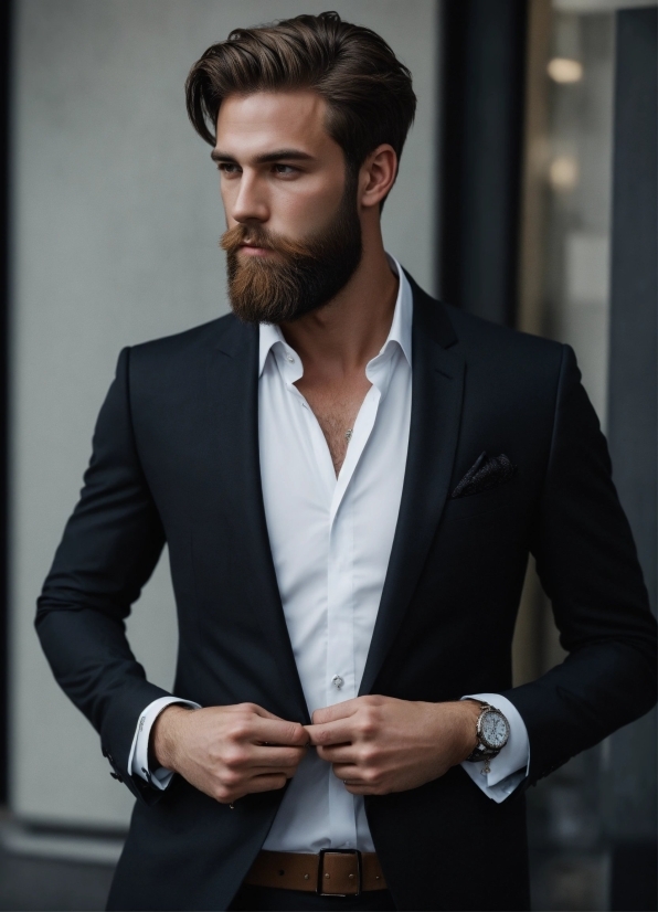 Hairstyle, Beard, Dress Shirt, Neck, Sleeve, Flash Photography