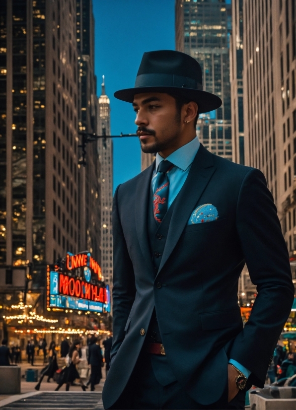 Hat, Sun Hat, Fedora, Tie, Dress Shirt, Building