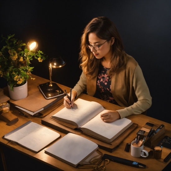 Multimedia Educational Software, Glasses, Table, Hand, Plant, Flowerpot