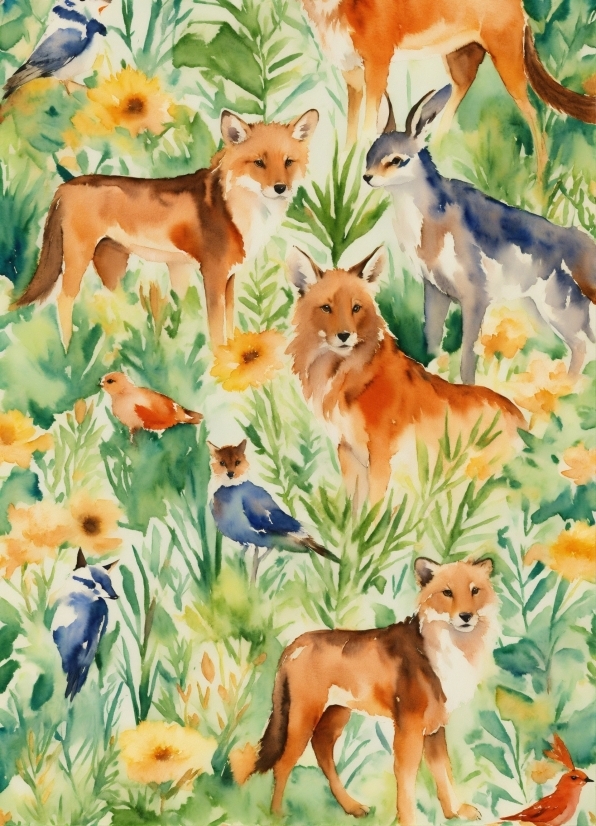 Plant, Red Fox, Green, Vertebrate, Nature, Painting