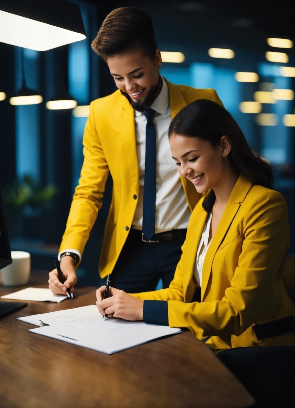 Smile, Fashion, Coat, Tie, Interaction, Table