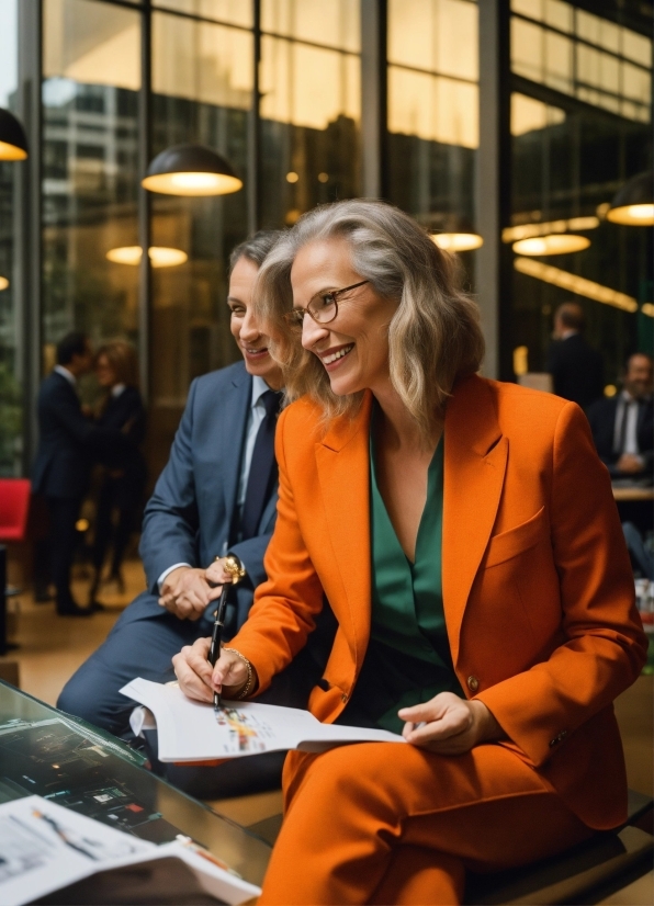 Smile, Orange, Blazer, Eyewear, Suit, Tie