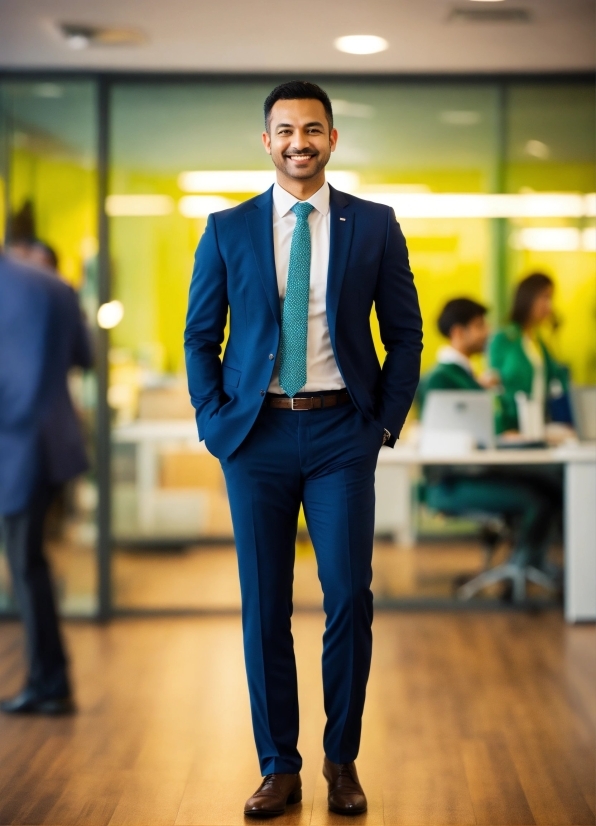 Suit Trousers, Smile, Dress Shirt, Sleeve, Standing, Gesture