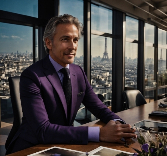 Table, Dress Shirt, Sky, Tie, Building, Smile