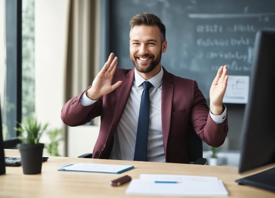 Table, Smile, Plant, Flowerpot, Tie, Gesture