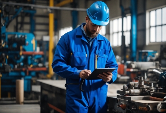 Workwear, Blue, Sleeve, Helmet, Engineer, Engineering