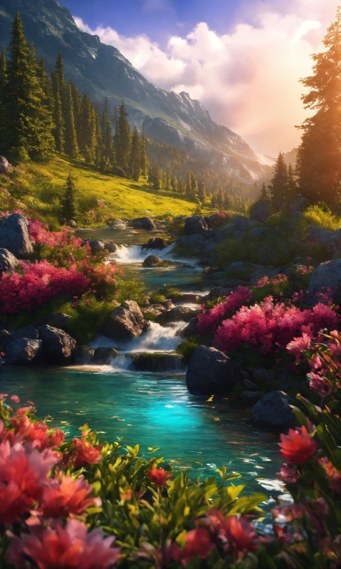 Flower, Water, Plant, Mountain, Sky, Cloud