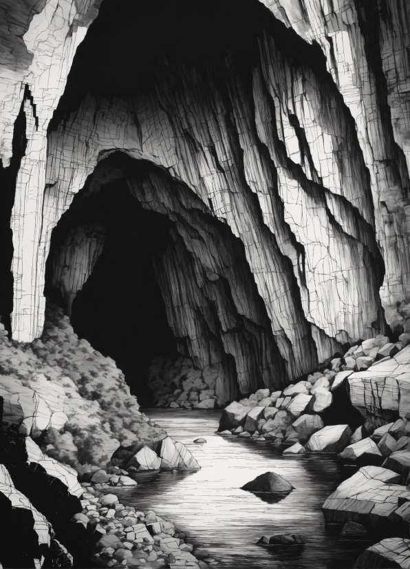 Photograph, Black, Cave, Black-and-white, Style, Formation