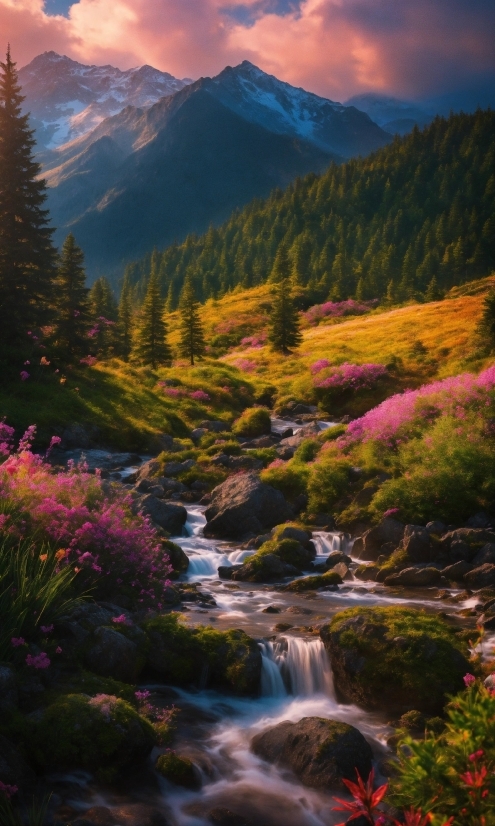 Sky, Mountain, Cloud, Plant, Water, Flower