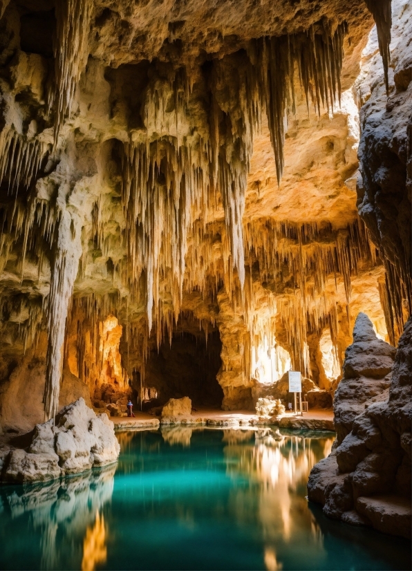 Stable Picture, Water, Stalagmite, Light, Nature, Underground Lake