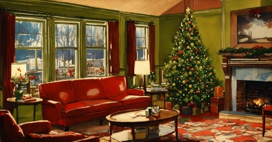 Art Creative Drawing, Christmas Tree, Furniture, Property, Couch, Table