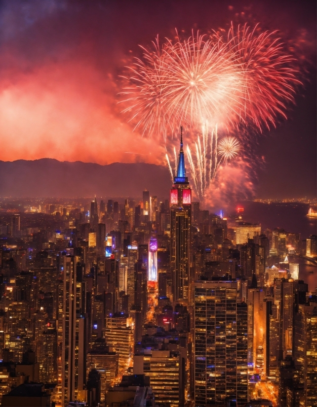 Art Event Poster, Sky, Skyscraper, Atmosphere, Fireworks, Photograph