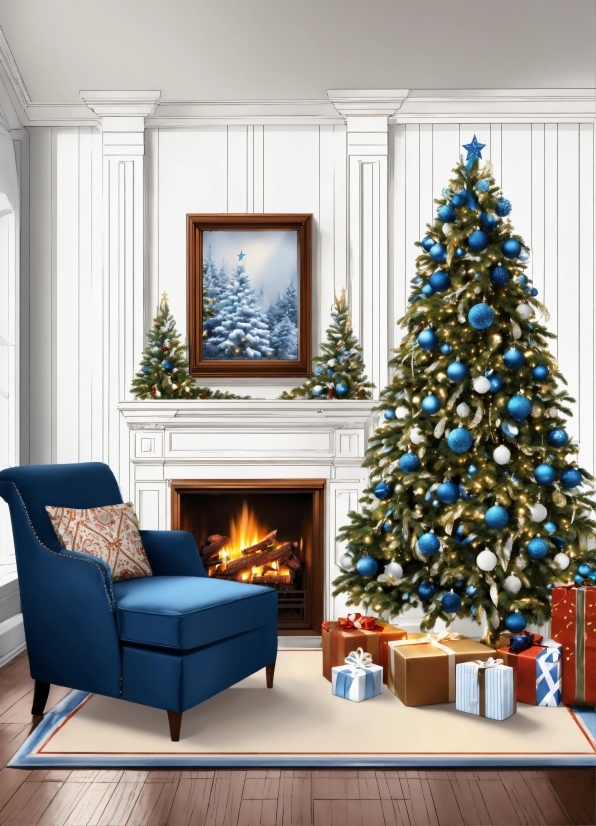 Calligraphy Art, Christmas Tree, Property, Furniture, Blue, Couch