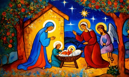 Cartoon, Organism, Art, Plant, Nativity Scene, Painting