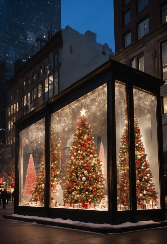 Christmas Tree, Building, Sky, Christmas Ornament, Window, Plant