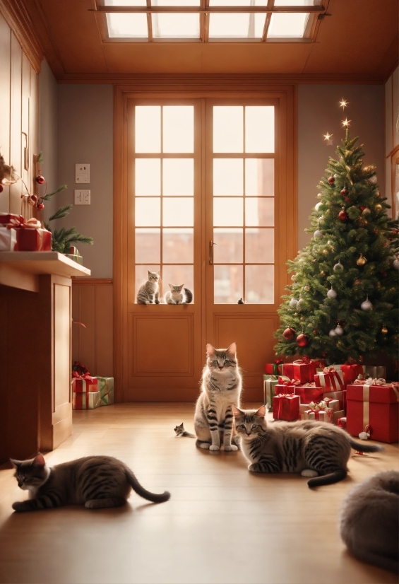 Christmas Tree, Cat, Photograph, White, Plant, Light