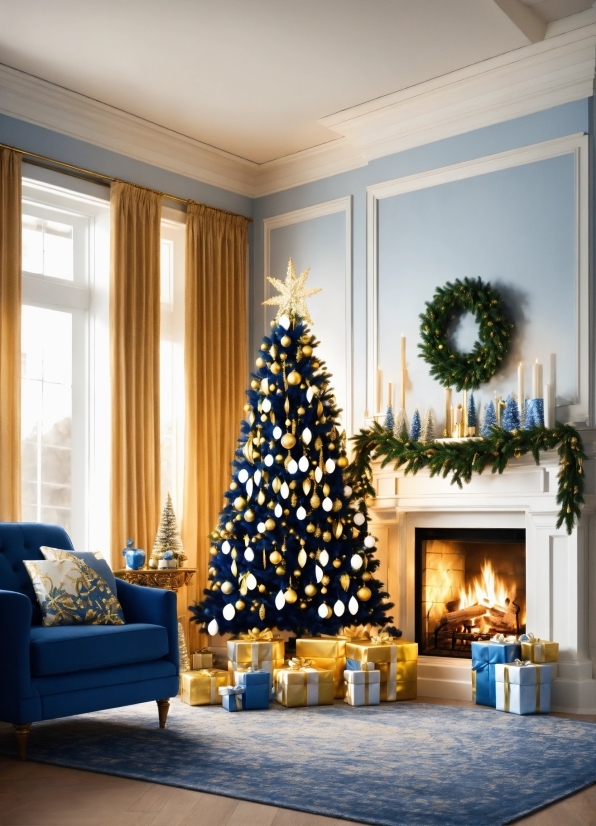 Christmas Tree, Furniture, Plant, Decoration, Window, Blue