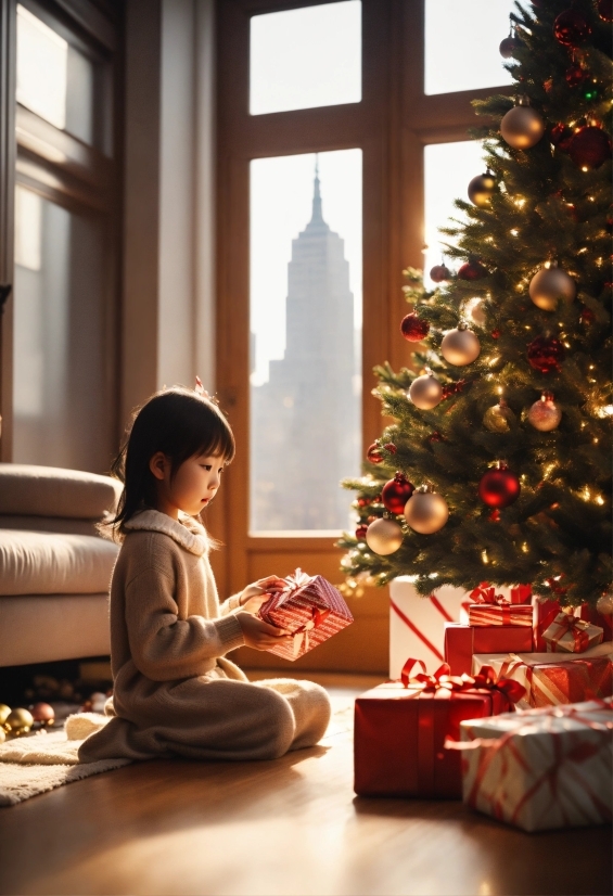 Christmas Tree, Photograph, Light, Christmas Ornament, Window, Wood