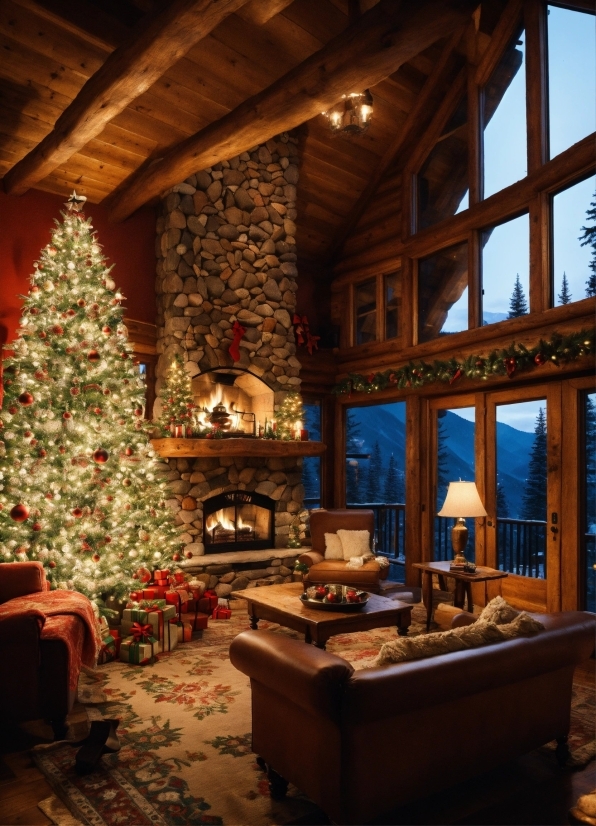 Christmas Tree, Property, Light, Couch, Window, Wood