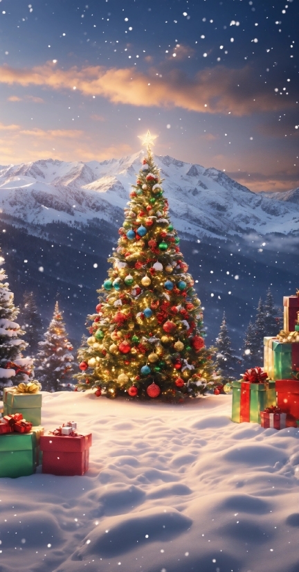 Christmas Tree, Sky, Snow, Cloud, Green, Light