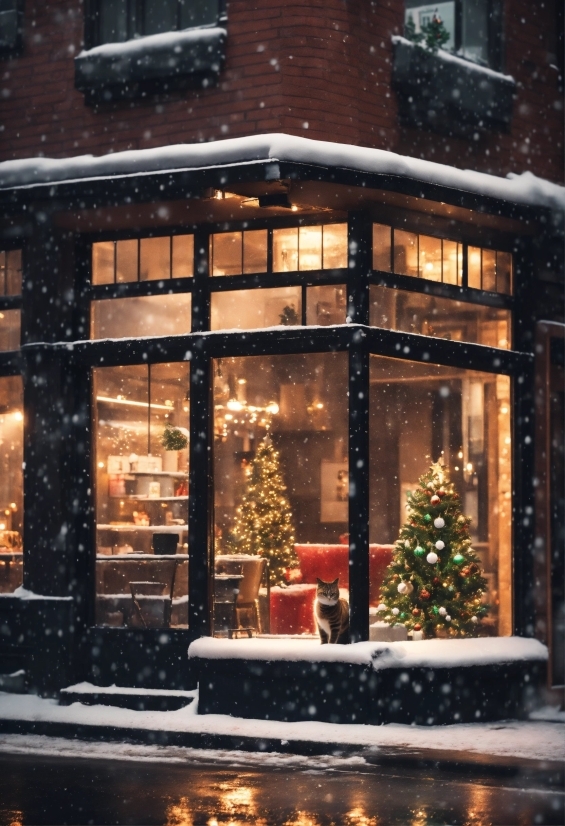 Christmas Tree, Snow, Window, Building, Christmas Decoration, Tree