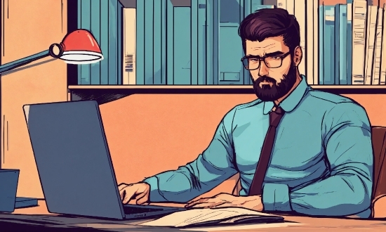 Computer, Personal Computer, Laptop, Desk, Beard, Cartoon