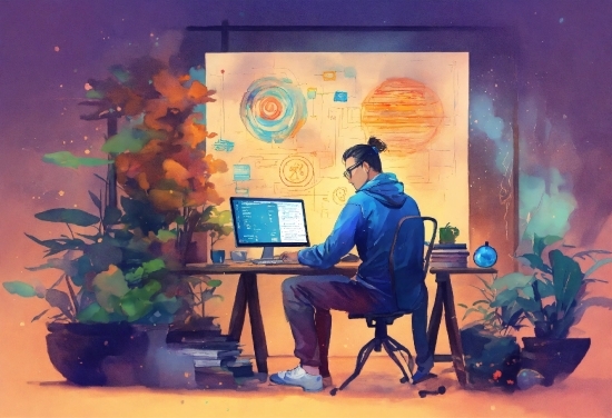 Computer, Personal Computer, Plant, Furniture, Flowerpot, Art