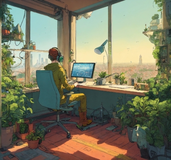 Computer, Plant, Personal Computer, Building, Window, Interior Design