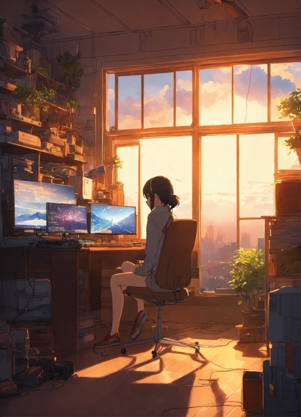 Computer, Plant, Personal Computer, Sky, Window, Interior Design