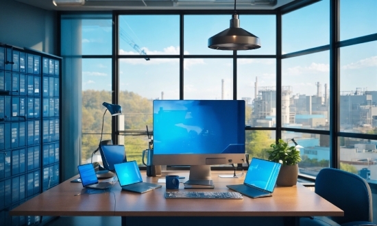 Computer, Table, Furniture, Building, Personal Computer, Plant